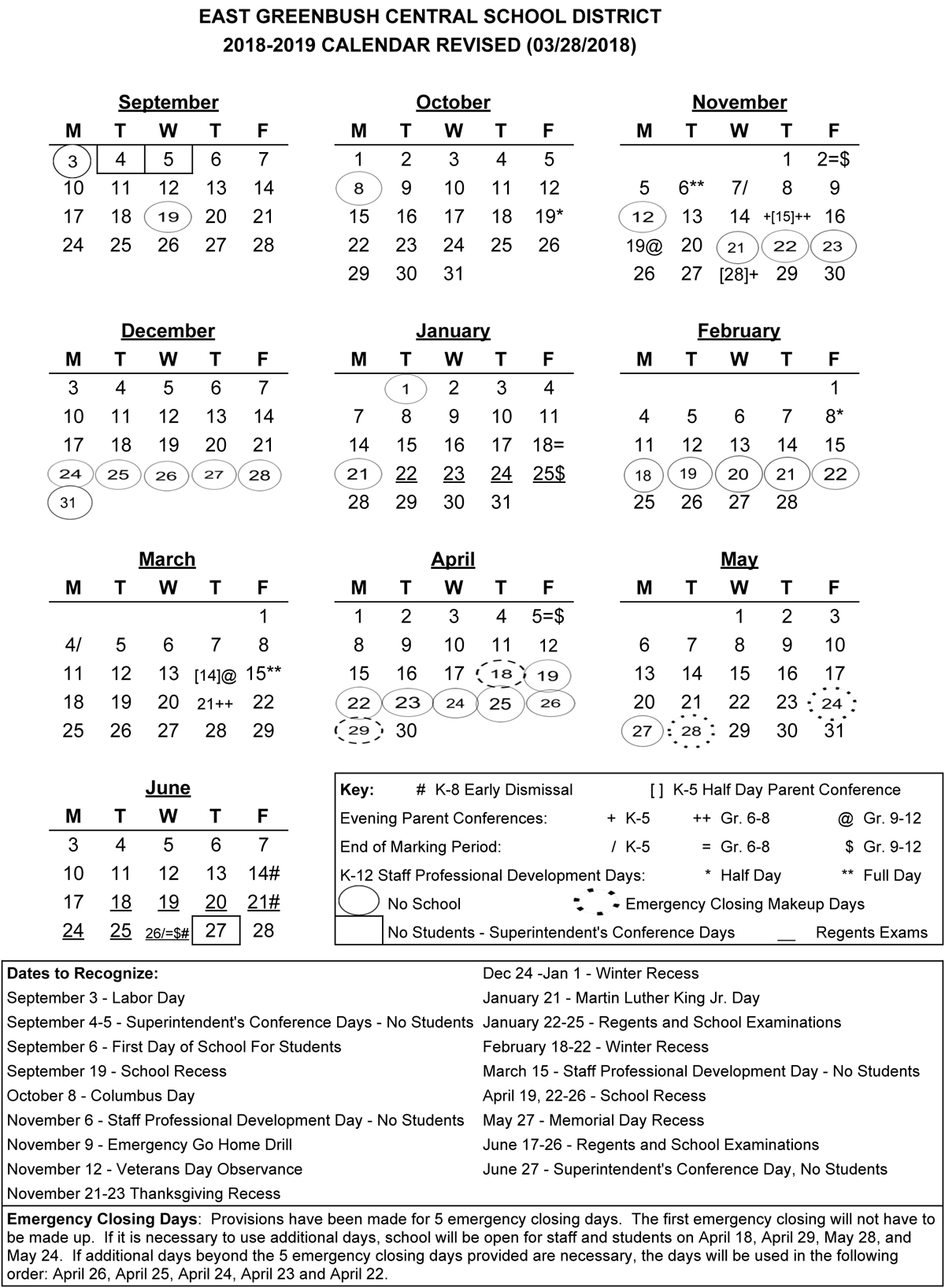 2018-19 Calendar Modified To Align With Boces | East Greenbush Csd