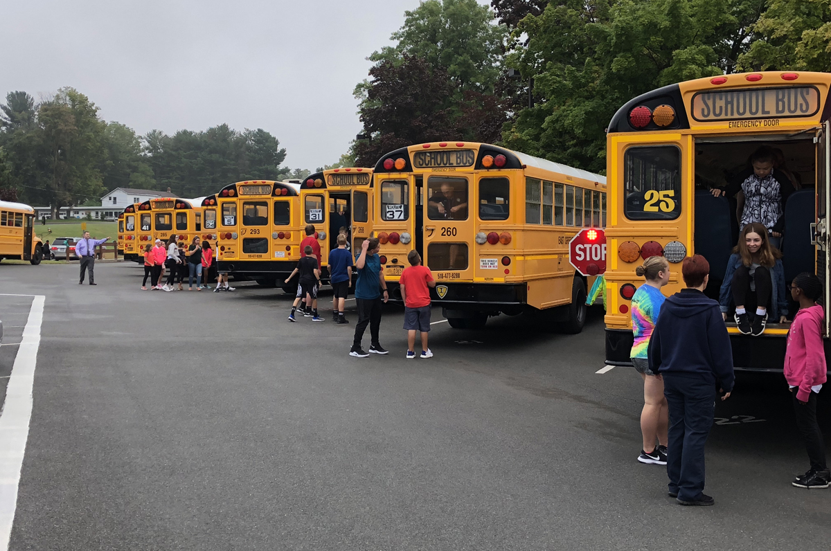 Bus safety drill at Goff Middle School