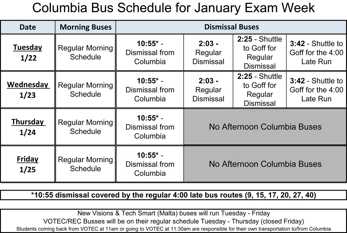 January 2019 Regents Bus Schedule