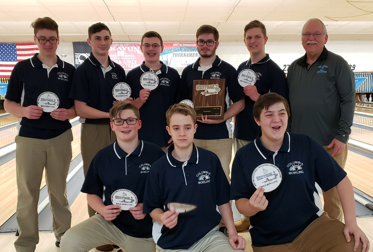 Columbia Boys' Varsity Bowling team with Sectional Championship patches