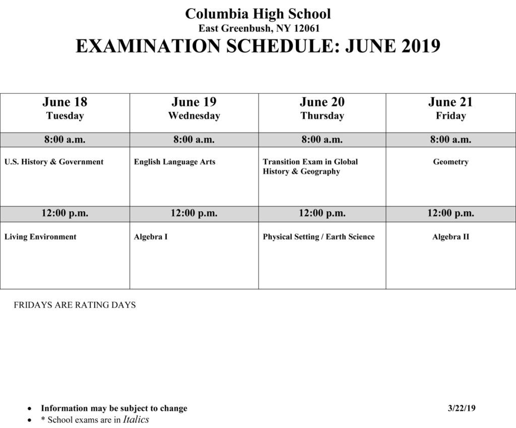 June Regents Exam Schedule Updated | East Greenbush CSD