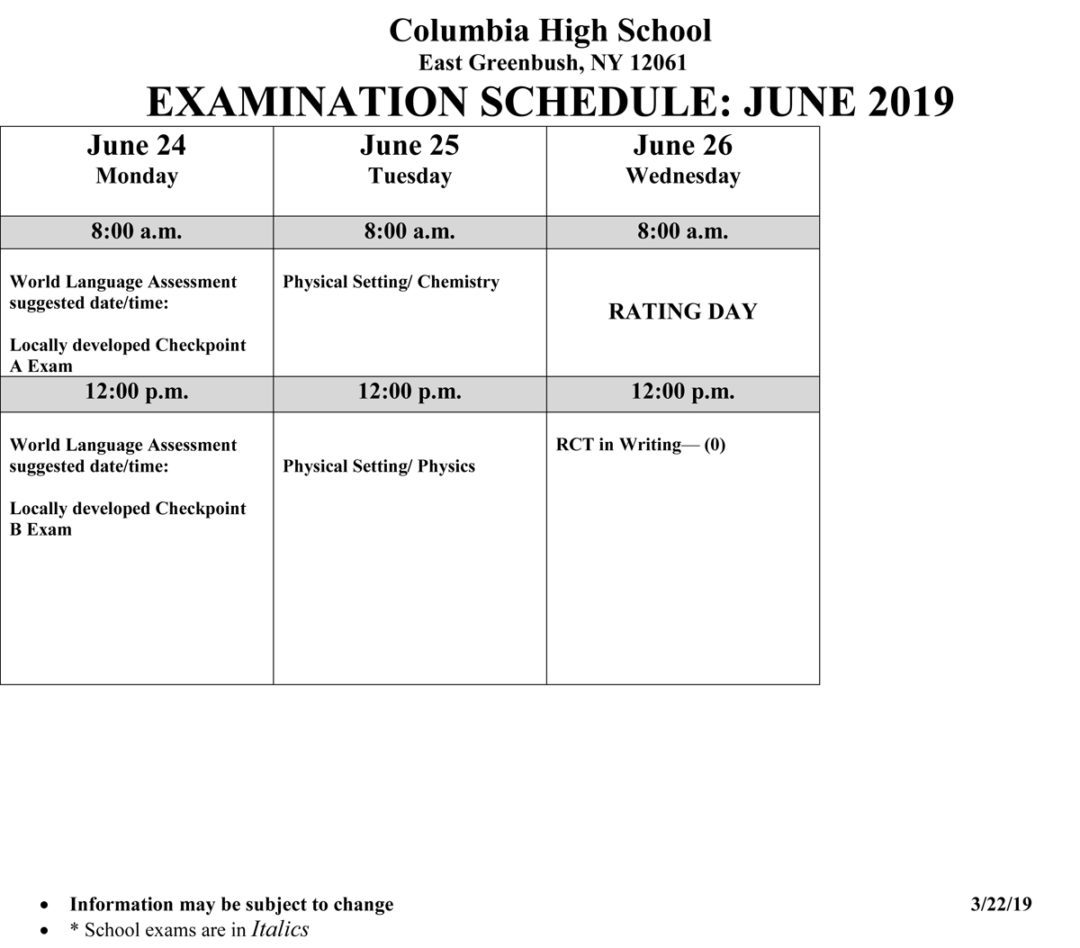 June Regents Exam Schedule Updated East Greenbush CSD