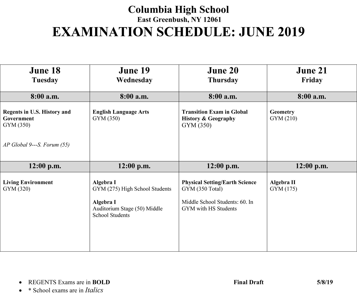 June 2022 Regents Calendar Columbia Regents Exam And Bus Schedule – June 2019 | East Greenbush Csd