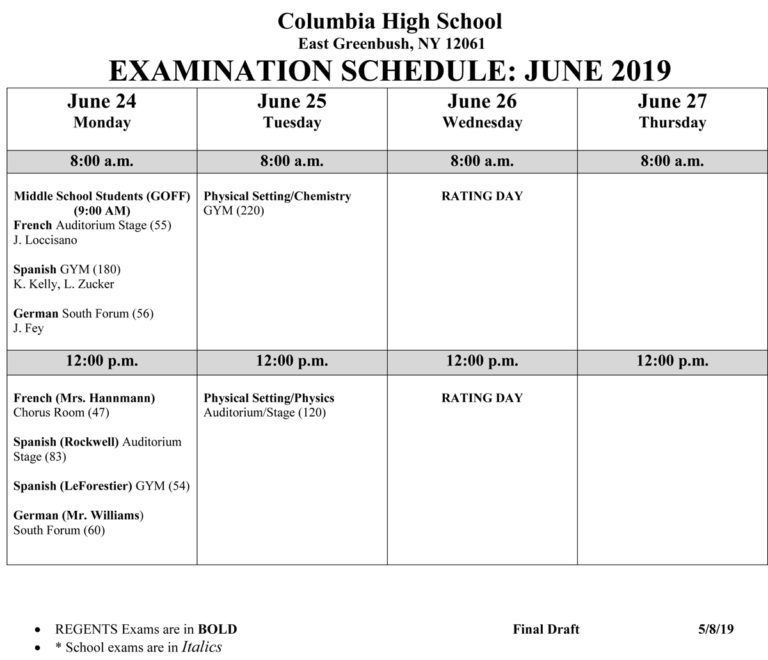 Columbia Regents Exam and Bus Schedule - June 2019 | East Greenbush CSD