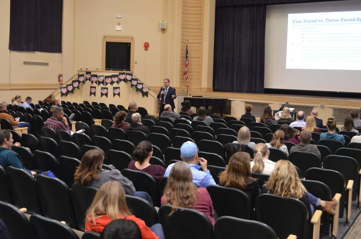 Superintendent Jeff Simons providing background information about school start times at a community forum on Tuesday evening in the Genet Elementary School auditorium.