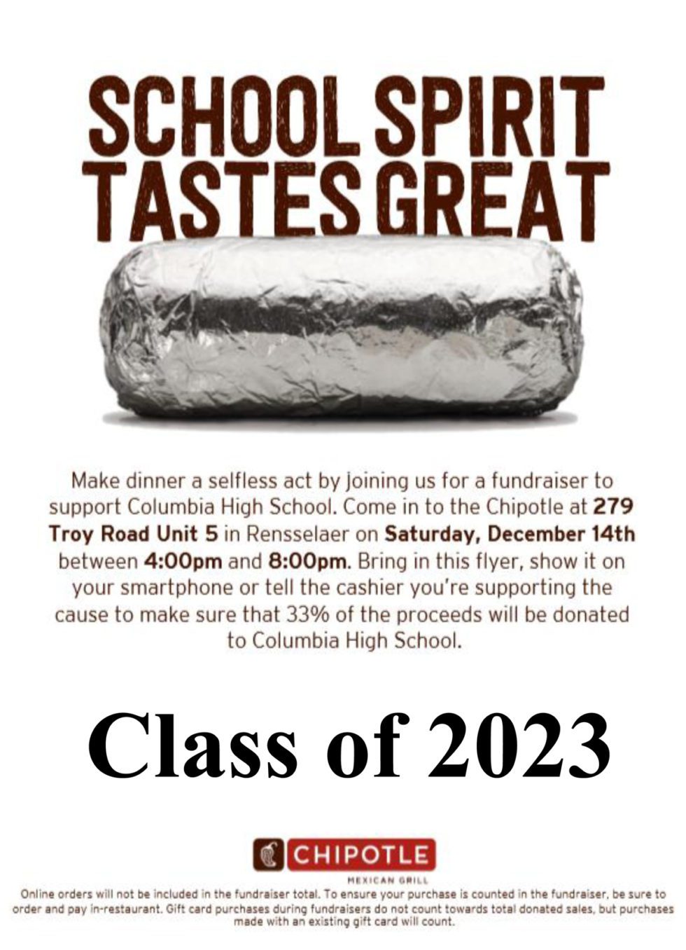 Chipotle Fundraiser to Benefit Class of 2023 December 14 East