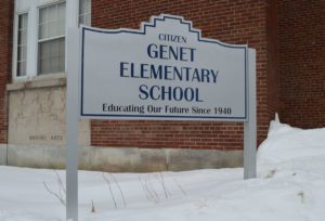 Genet Elementary School sign in winter