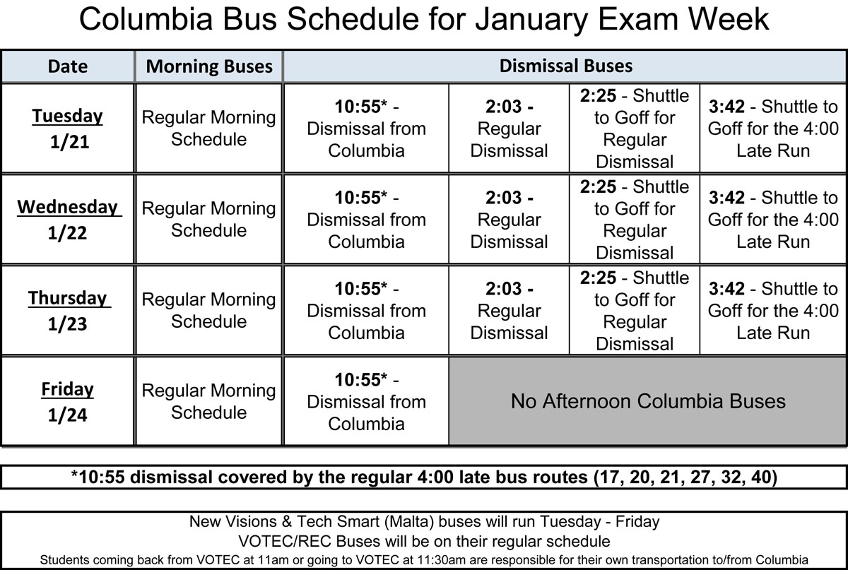 January 2020 Regents Bus Schedule