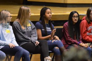 Students from the Class of 2019 discuss their college experiences with current students in the Columbia auditorium