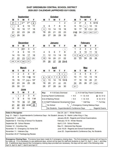 2020-21 School Calendar is Now Available | East Greenbush CSD