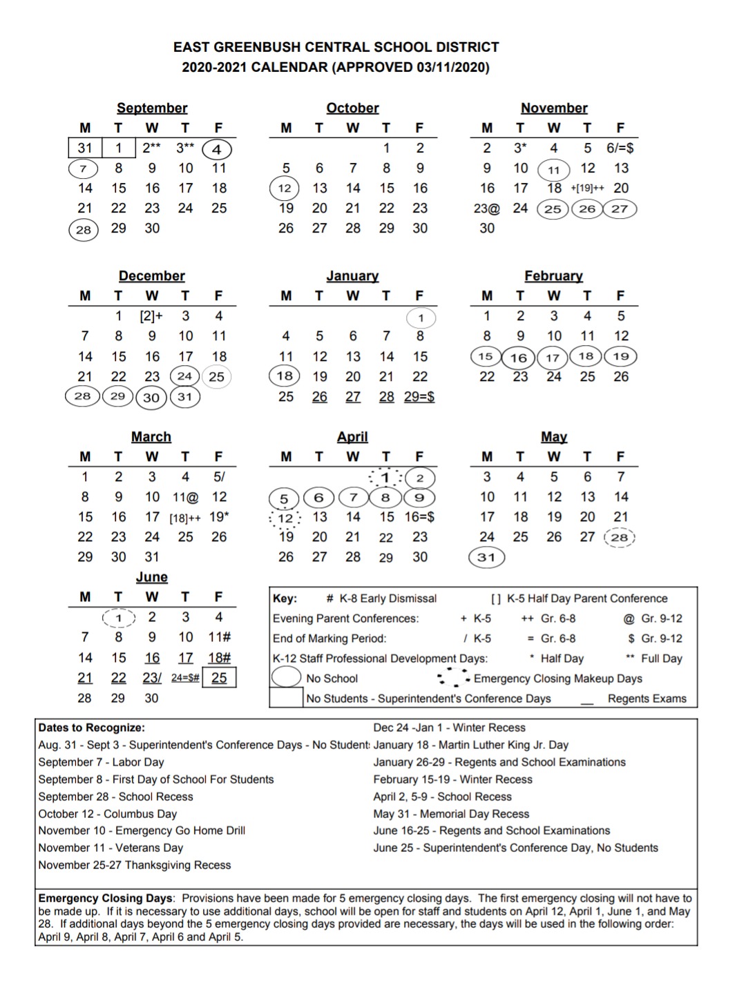 2020-21 District Calendar at a Glance