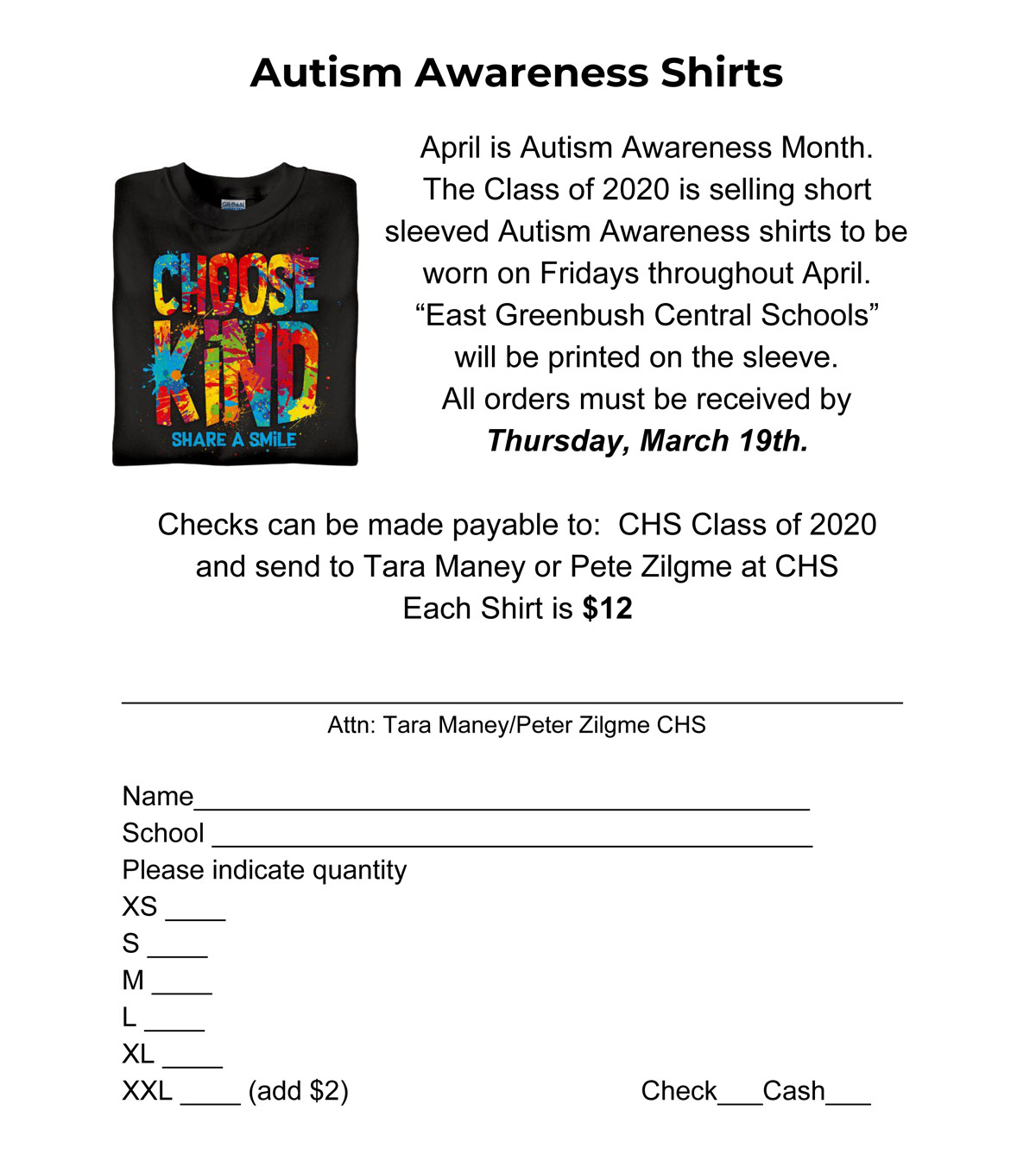 Autism Awareness shirt order form