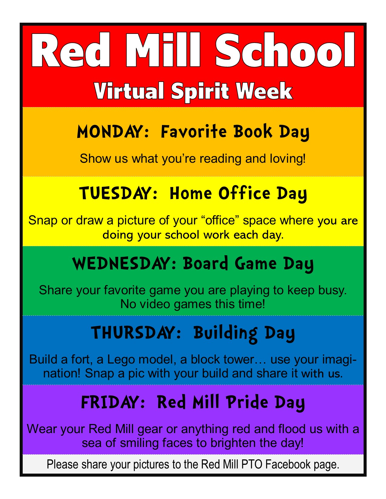 Red Mill Virtual Spirit Week schedule