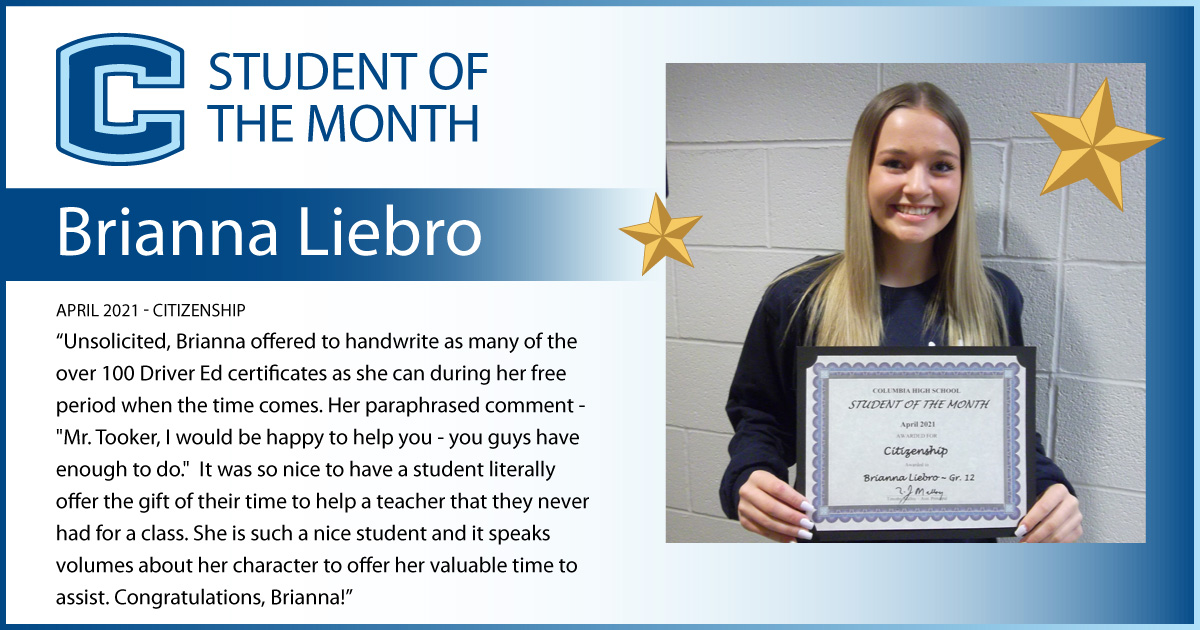 Brianna Liebro - April 2021 Student of the Month