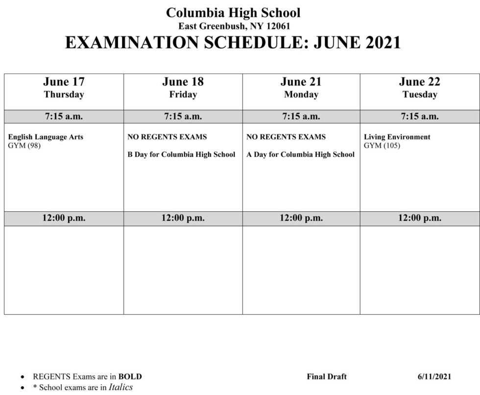 Columbia Regents Exam and Bus Schedule June 2021 East Greenbush CSD