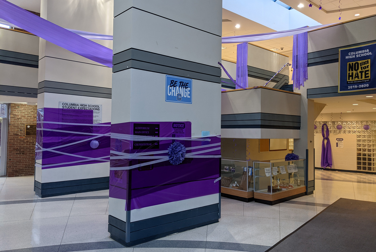Columbia lobby with purple decorations