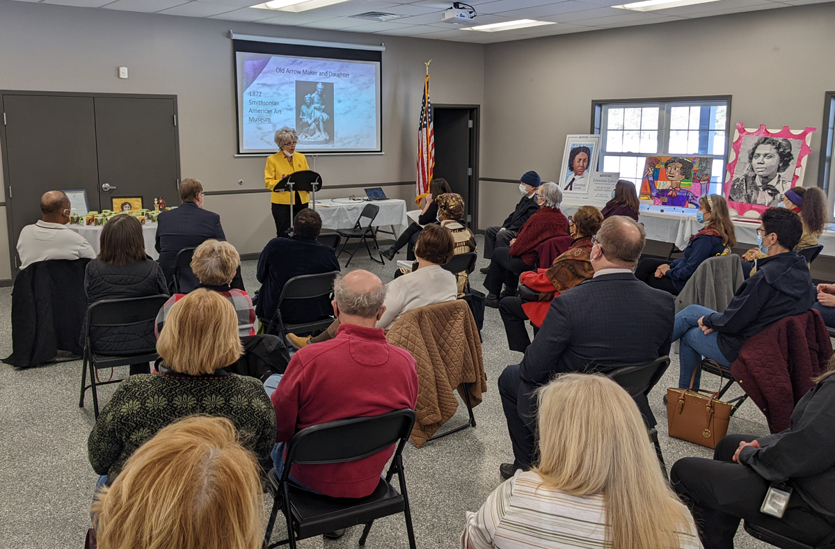 Town Historian Bobbie Reno recounts the life of artist Edmonia Lewis at a Town of East Greenbush celebration on Wednesday in the town park's Red Barn.