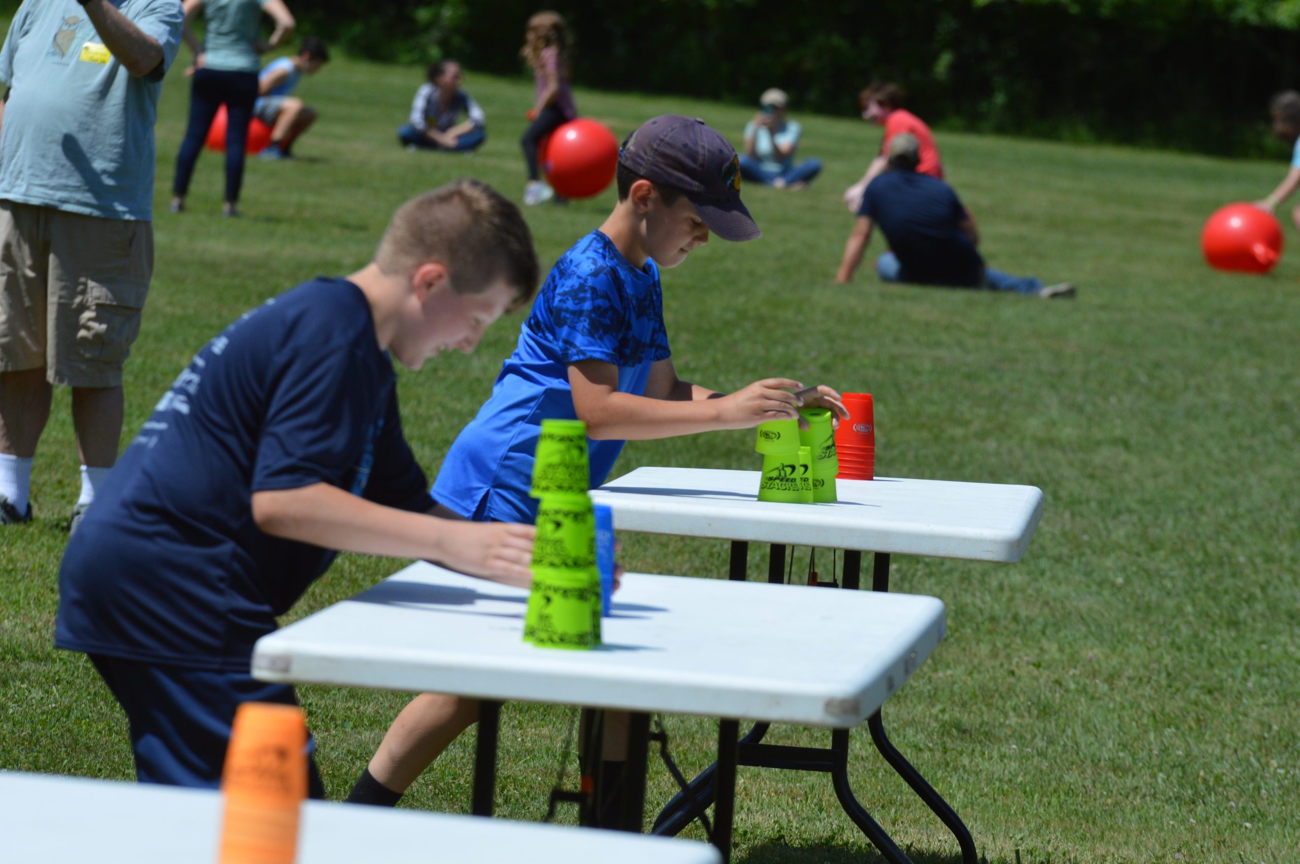 Students stacking cups at Field Day
