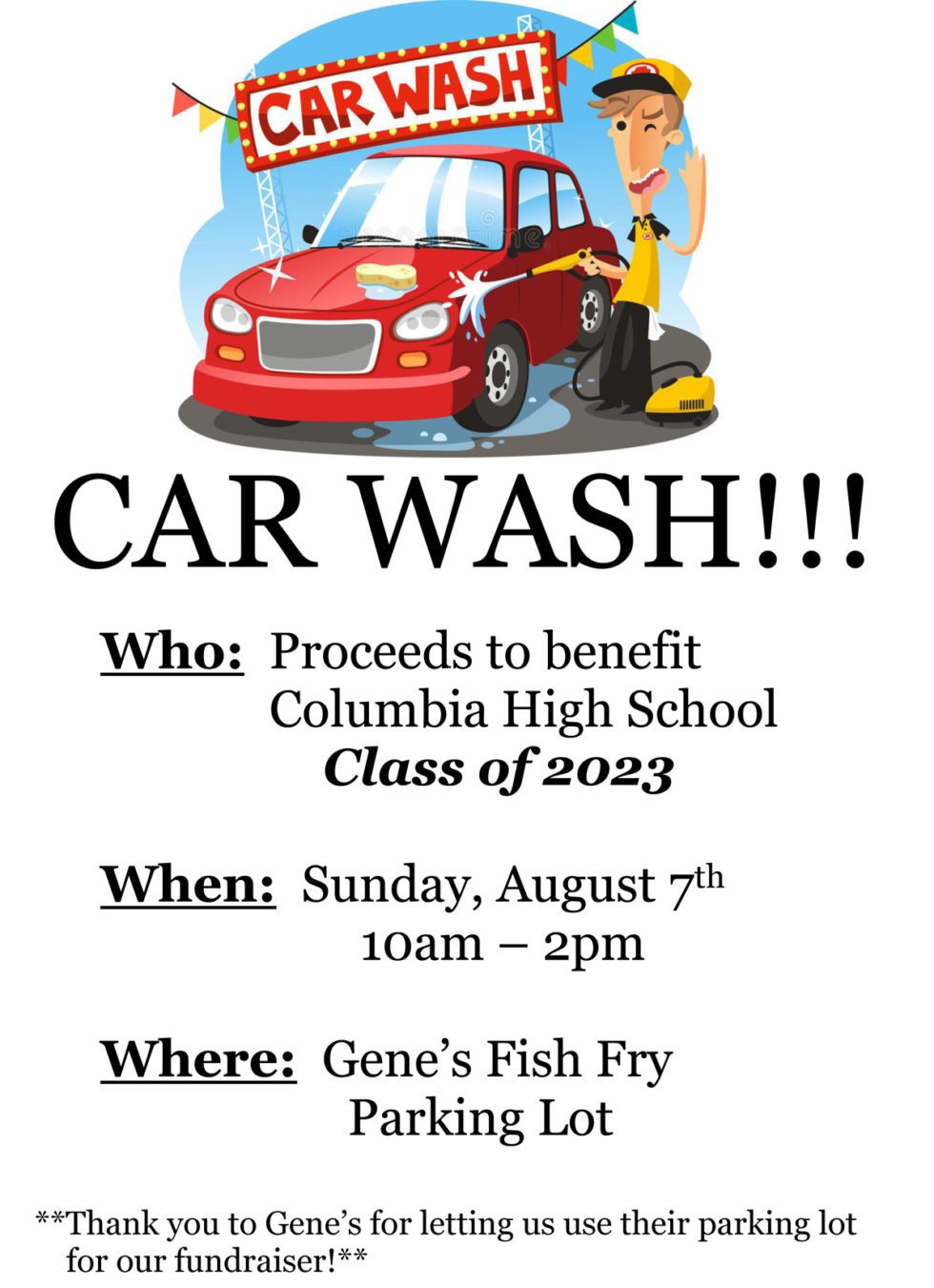Car Wash Fundraiser to Benefit Class of 2023 August 7 East
