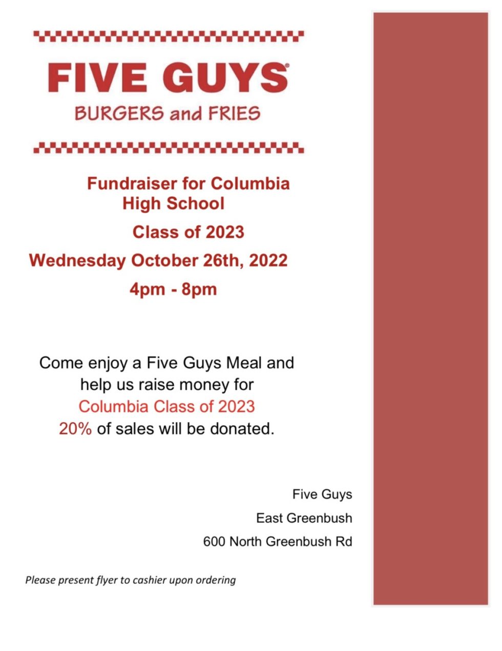 Five Guys Fundraiser to Benefit Class of 2023 October 26 East