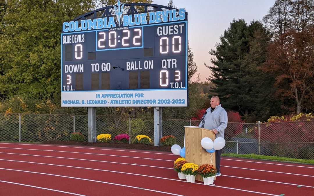 Former Athletic Director Mike Leonard Honored at Dedication Ceremony of New Turf Field Scoreboard