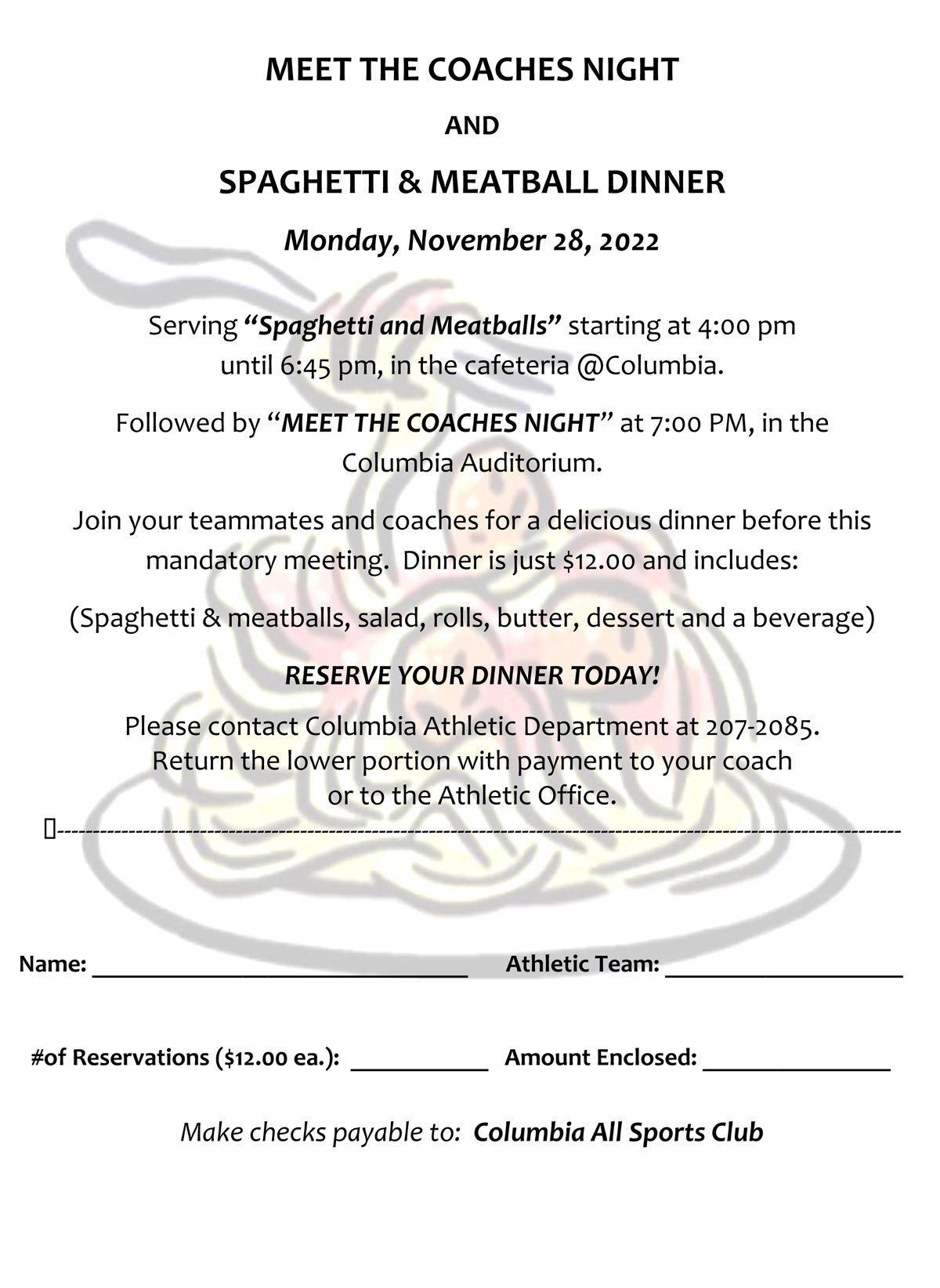 All Sports Club Spaghetti Dinner flyer