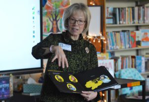Mary Fellows, a former Caldecott judge, speaks to DPS students about the Caldecott voting process on November 15, 2022.