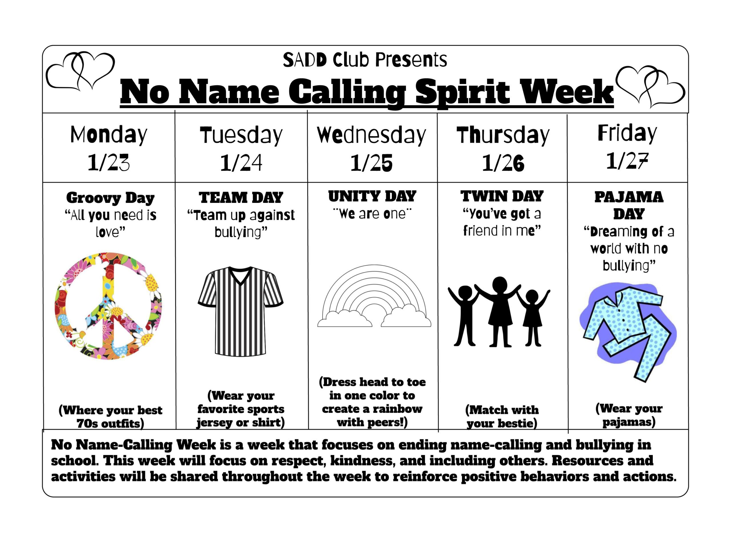No Name Calling Spirit Week flyer