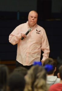 Ret. U.S. Army Sgt. Rick Yarosh, a HOPE expert and motivational speaker with Sweethearts & Heroes, speaking at an assembly at Howard L. Goff Middle School.