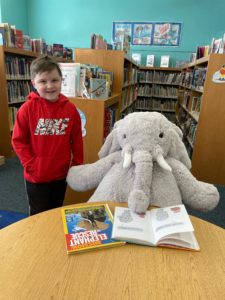 A student with Veda the stuffed elephant at the North Greenbush Library