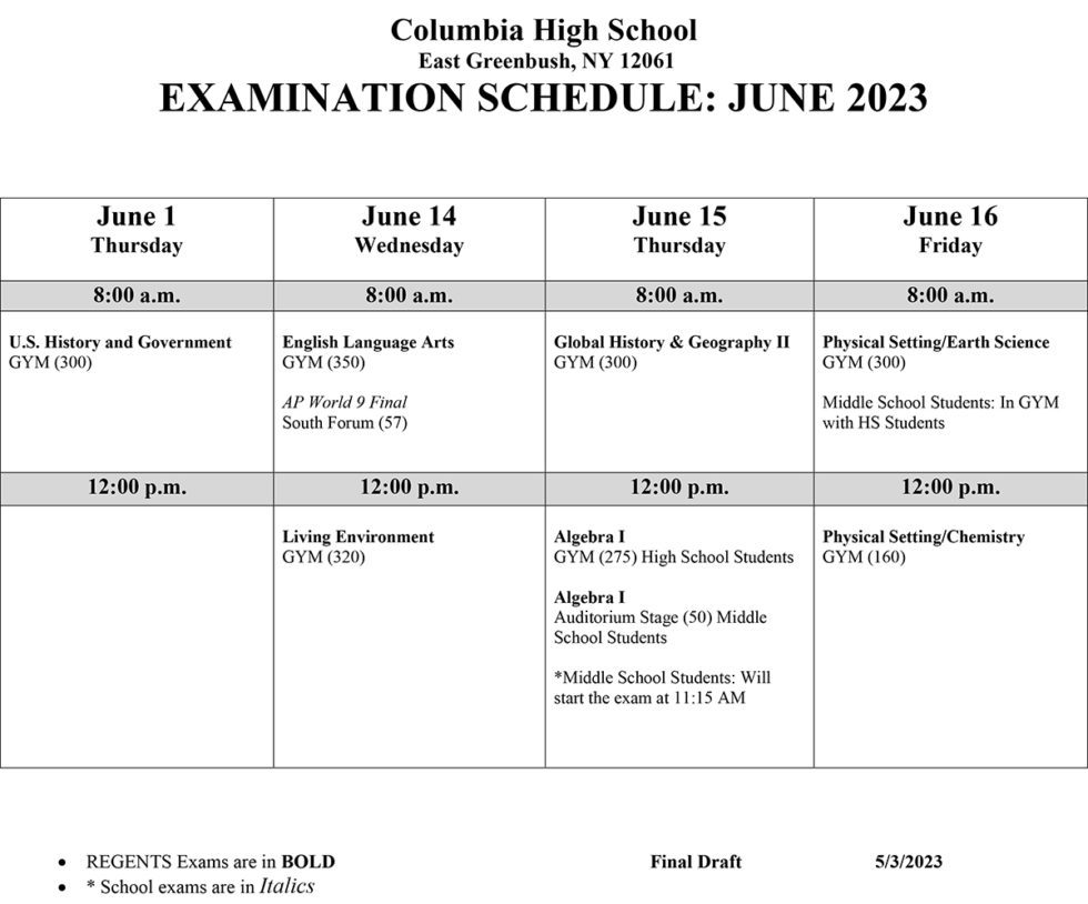 Columbia Regents Exam and Bus Schedule June 2023 East Greenbush CSD