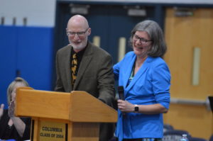 Goff teachers Sean and Sandy Crall speaking at the 2023 Goff Elevation Celebration.