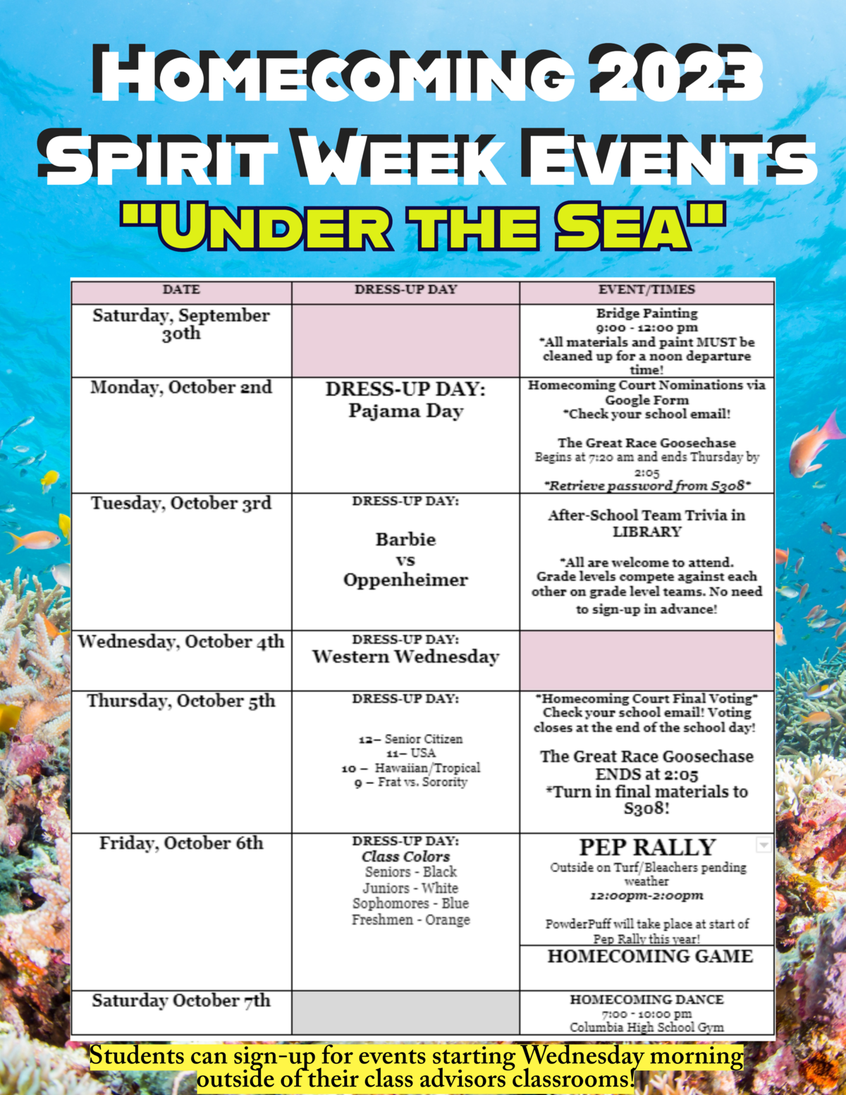 Columbia Homecoming Spirit Week Schedule