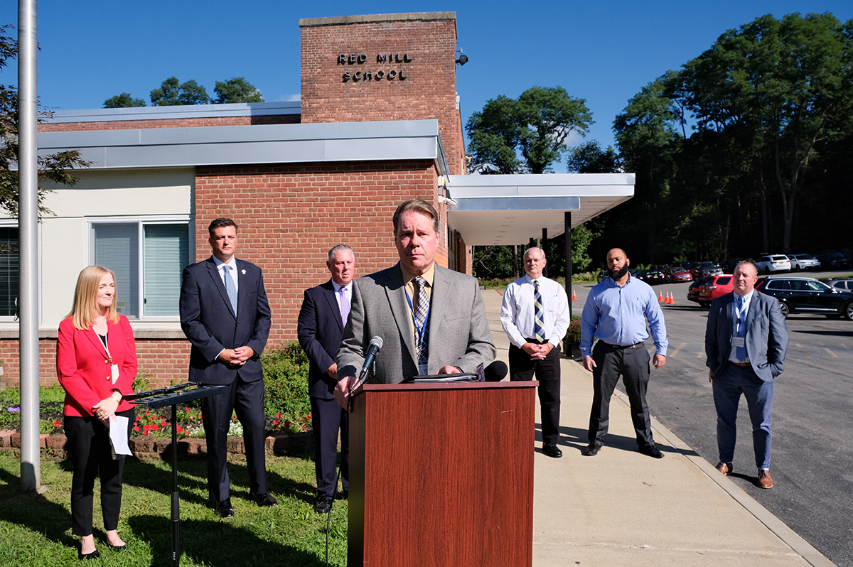 Superintendent Jeff Simons speaking at a press conference about education funding at Red Mill Elementary School on Thursday morning.