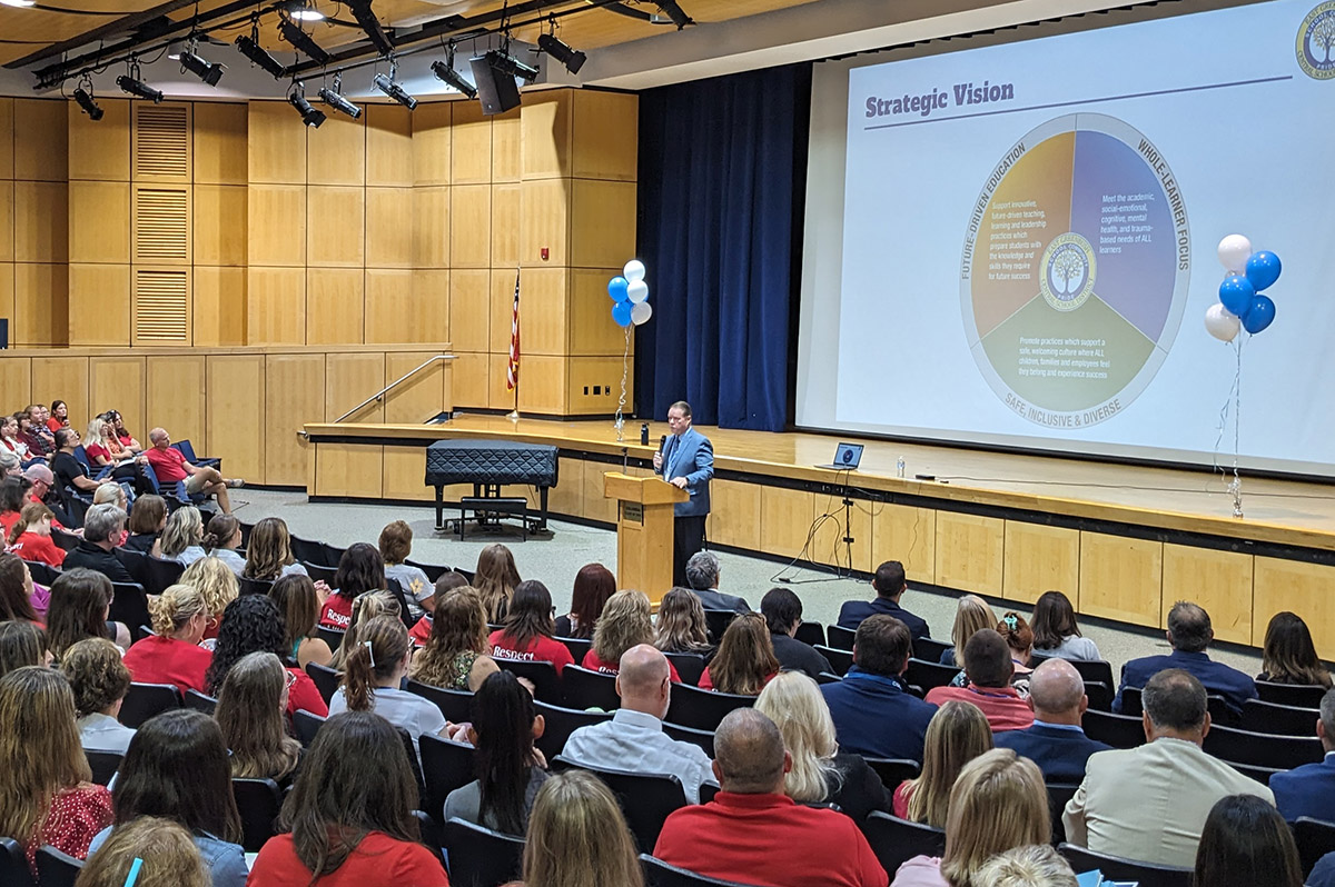 Superintendent Jeff Simons gives a welcome back address at Opening Day for faculty and staff.