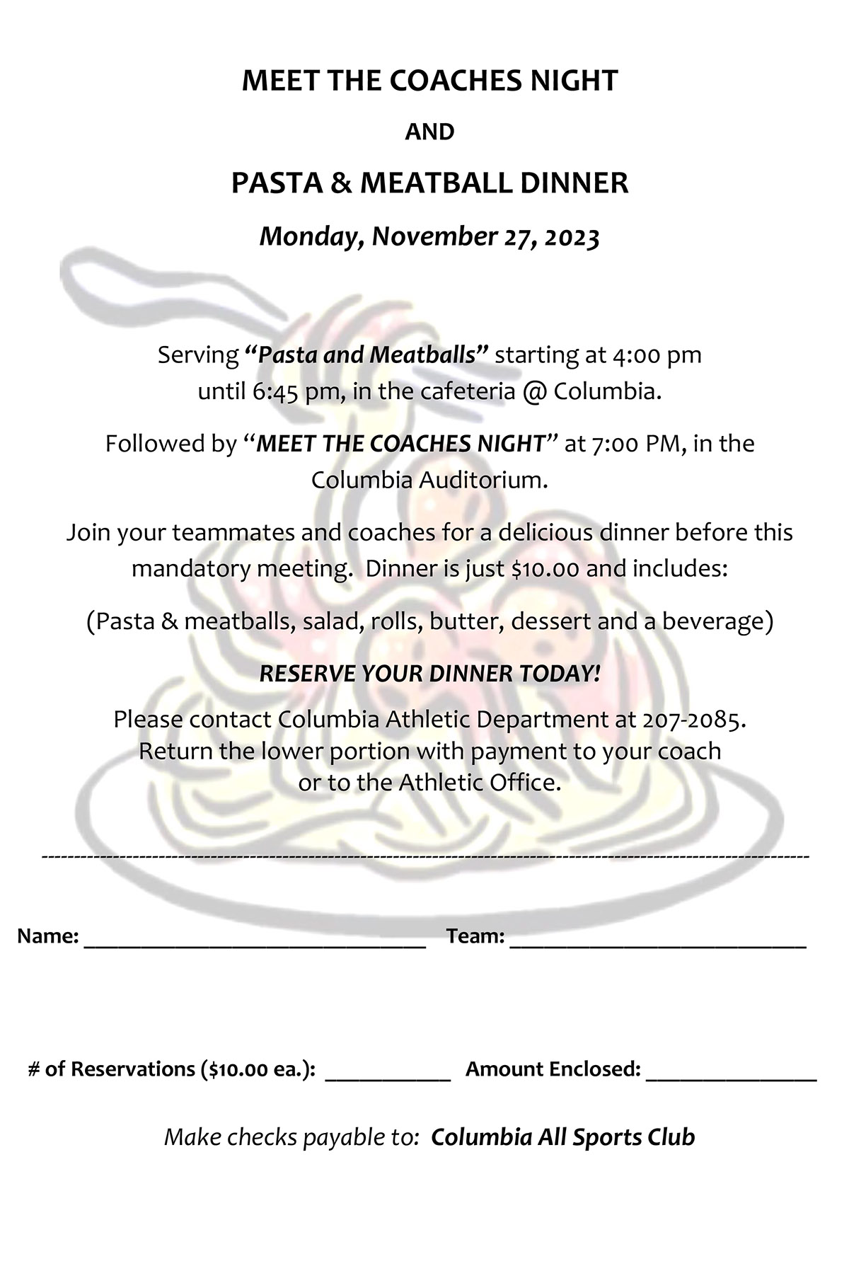 Pasta and Meatball Dinner flyer
