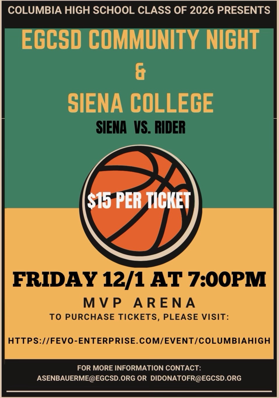 Siena Basketball EGCSD Community Night flyer
