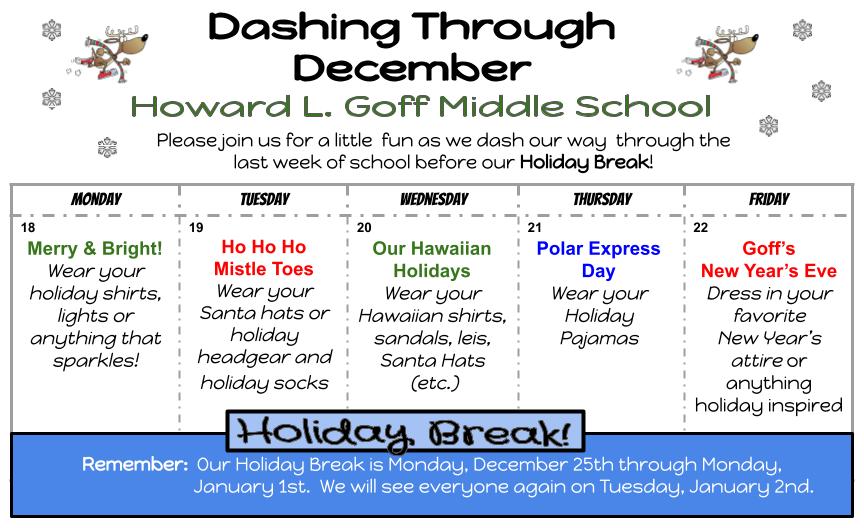 Goff Middle School Goes ‘Dashing Through December’ with Holiday Spirit Week