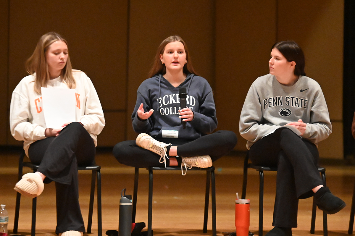 Maddy Gruber '23 talks about her college experience at CHS Alumni Day on Thursday.