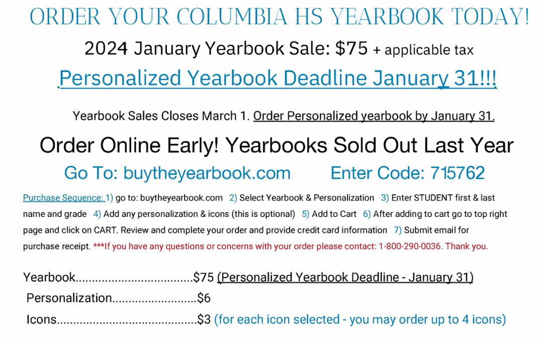 Columbia Personalized Yearbook Orders Due January 31