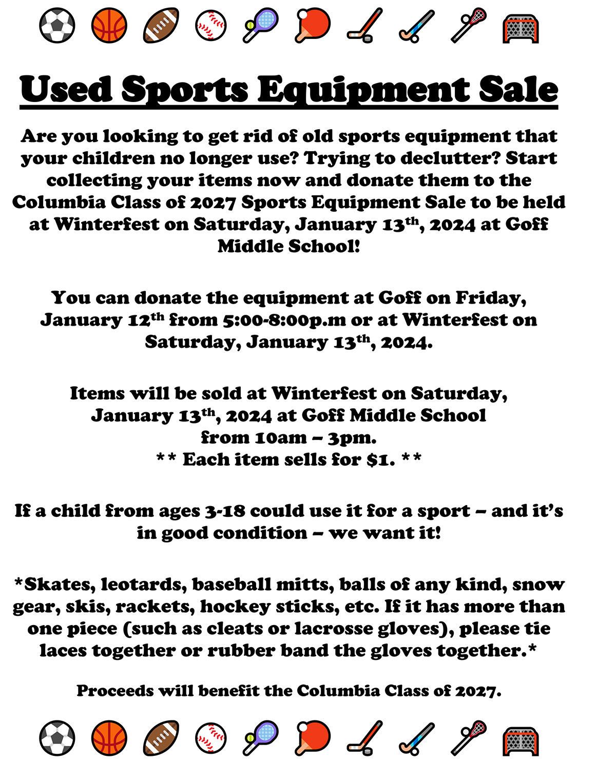 2024 Winterfest Used Sports Equipment Sale flyer