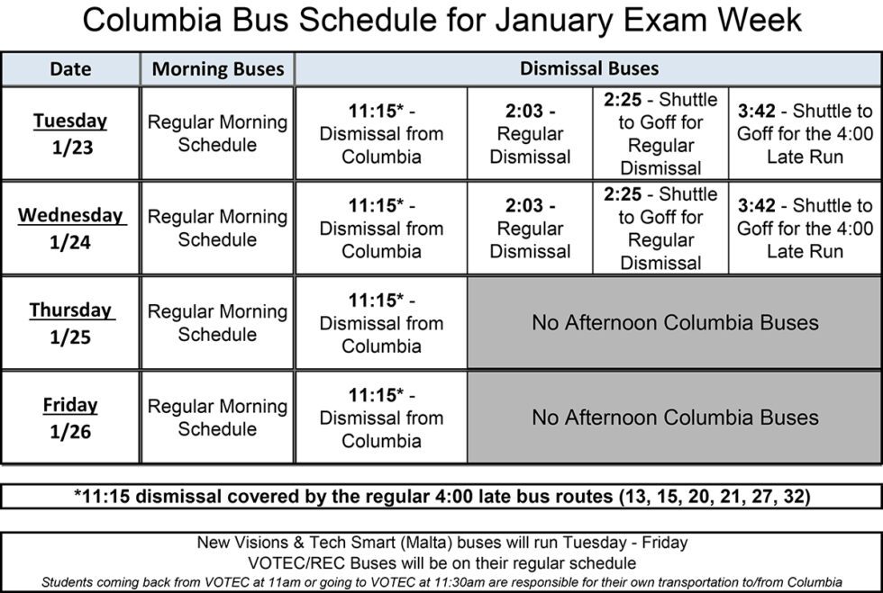 Columbia Regents Exam and Midterm Schedule January 2024 East