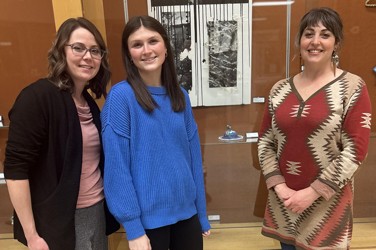 Ella Buff '24 at the Art in 3 Dimensions Art Show opening with Columbia Art Teachers Valerie Gordon and Andrea Neiman.