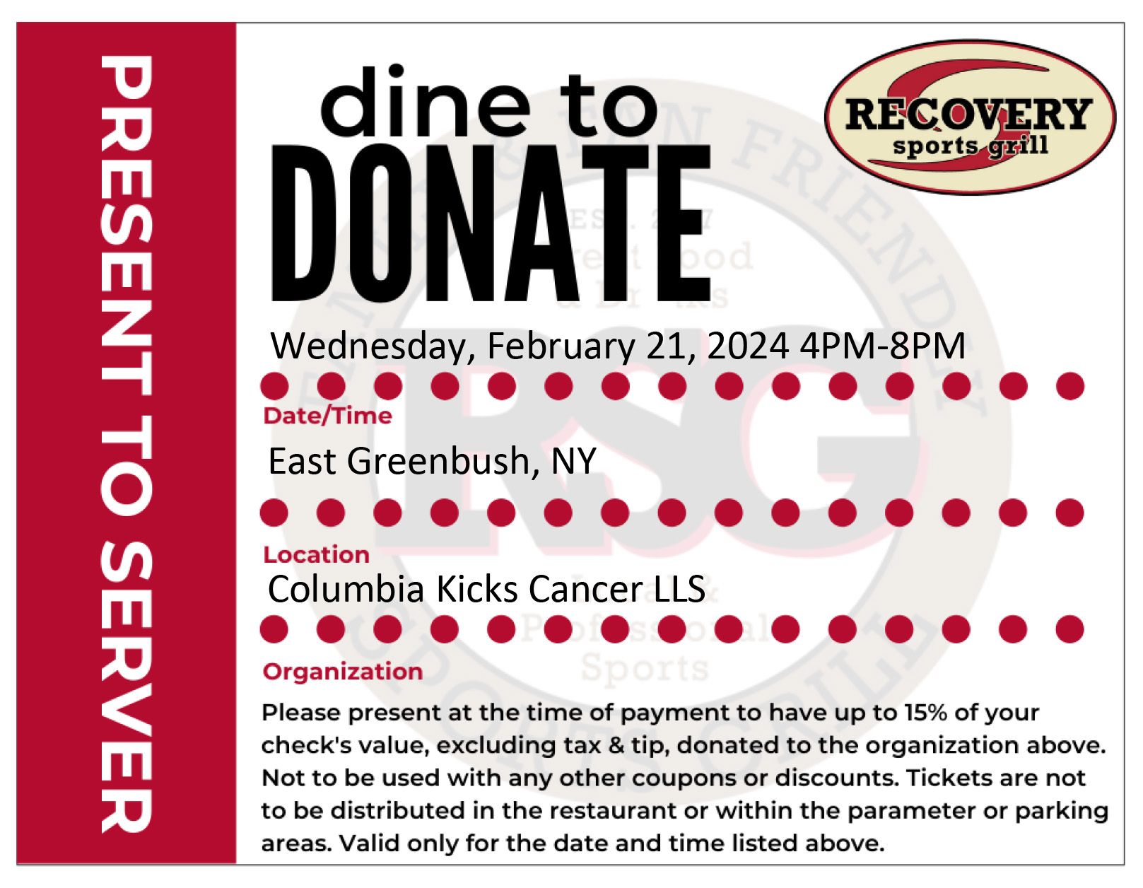 Columbia Kicks Cancer Recovery Sports Grill flyer