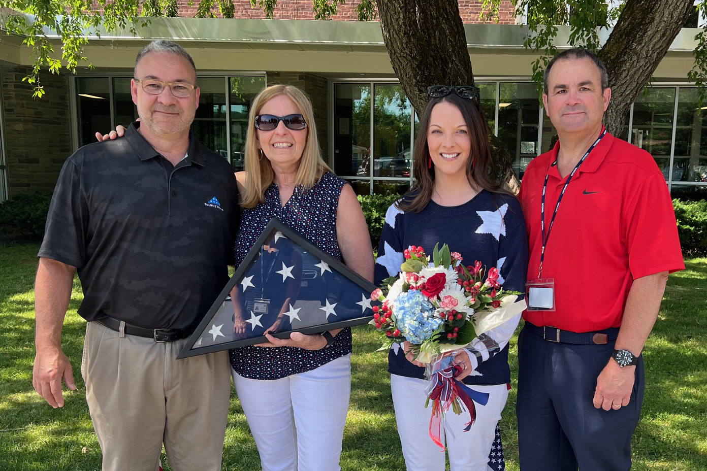 Green Meadow Secretary Joanne Nolette, who is retiring at the end of this school year, was recognized at a Flag Day ceremony on Thursday and presented with the American flag that had been flown at Green Meadow Elementary School.