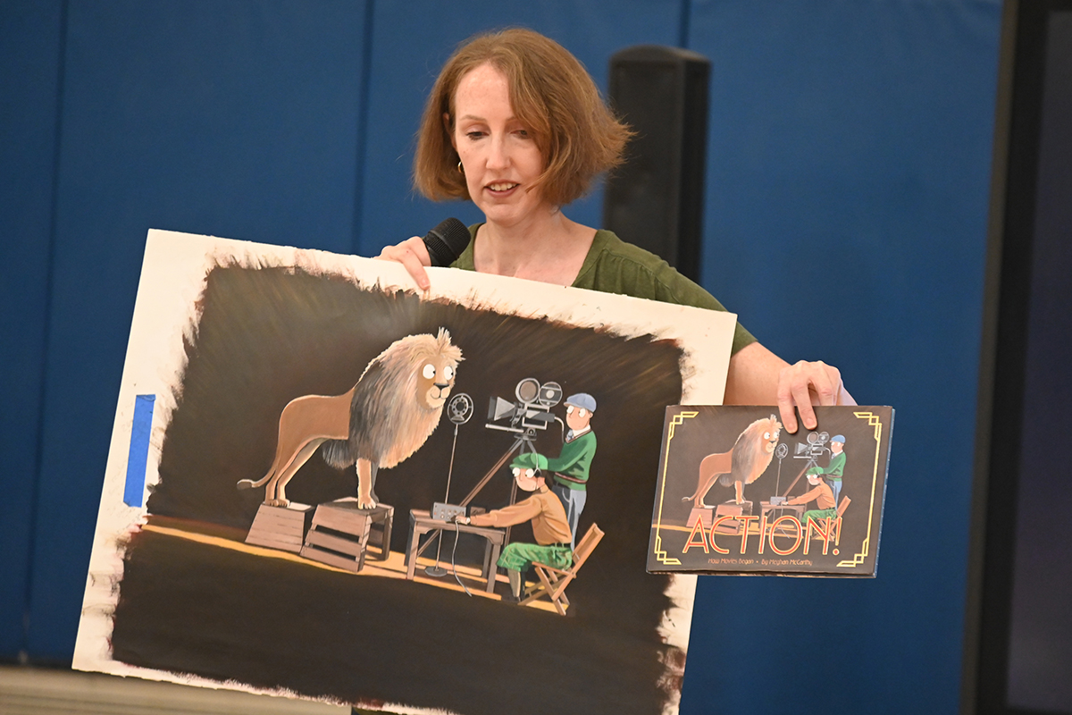 Children's author and illustrator Meghan McCarthy speaking at Green Meadow Elementary School.