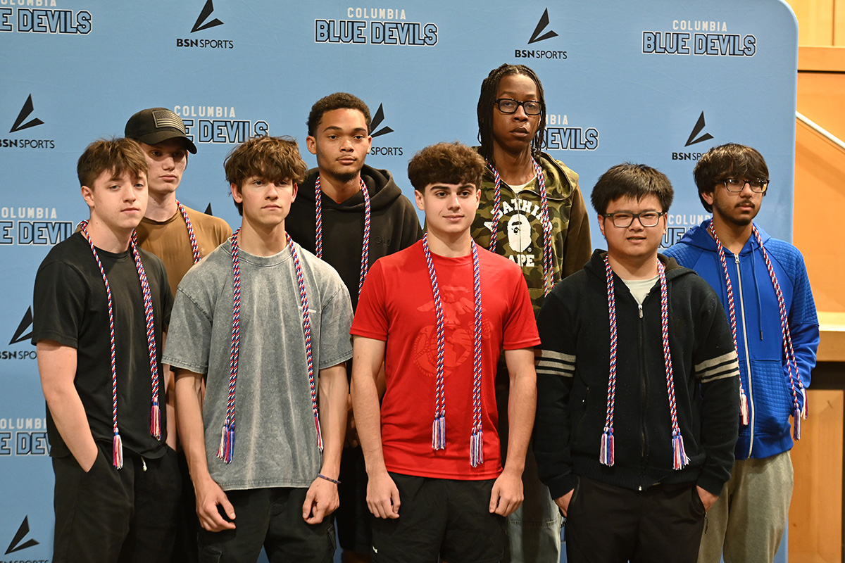 Columbia High School students wearing their red, white and blue cords after making commitments to military service and trade workforce training (L to R): Aidan Reagan, Keegan D'Ambrosi, Brody Messier, Pablo Flores, Richard Byerwalters IV, Jordan Gales, Kody Jiang, Obed Chaudhry.
